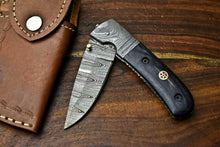 Load image into Gallery viewer, Custom Handmade Damascus Steel Blade Liner-Lock Pocket Folding Knife| BULL Horn
