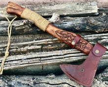 Load image into Gallery viewer, HS-1063 | Custom Handmade Steel Viking Axe, Tomahawk Axe knife With Wood Engraved Handle Daily Carry
