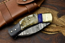 Load image into Gallery viewer, Custom Handmade Damascus Steel Blade Liner-Lock Pocket Folding Knife| Ram Horn
