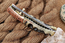 Load image into Gallery viewer, Custom Handmade Damascus Folding-Pocket Knife With Blue Ram Horn+Engraved Handle
