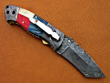 Load image into Gallery viewer, Custom Handmade Damascus Folding-Pocket Knife With Camel Bone &amp; Hard Wood Handle
