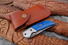 Load image into Gallery viewer, Custom Handmade Damascus Steel Pocket Folding Knife - Beautiful Blue Bone Handle
