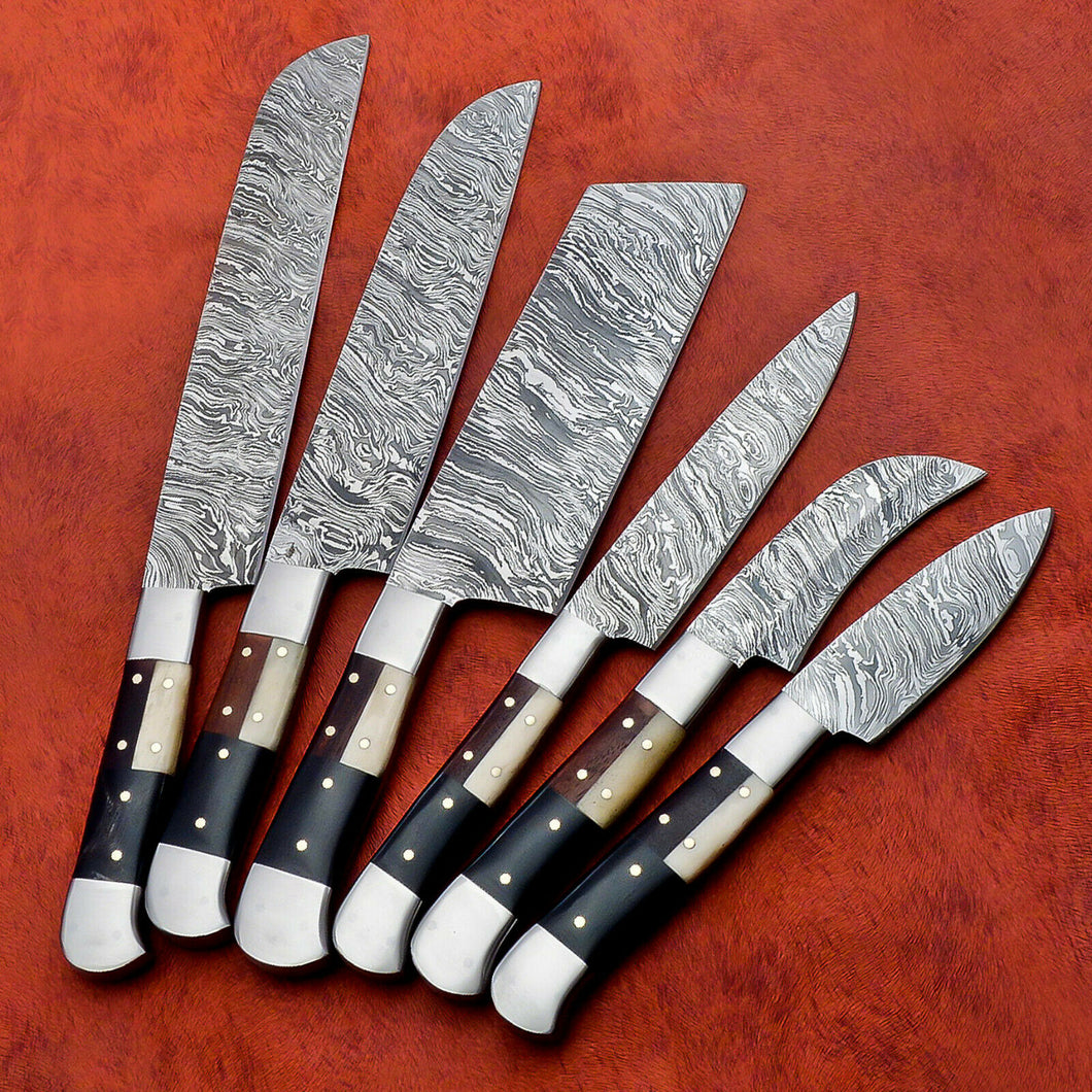 HS-143 Custom Handmade Damascus Steel 6 Piece Chef Set with Wood/Bone/Horn Handle