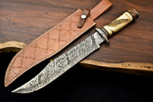 Load image into Gallery viewer, HS-334 | Custom Handmade Damascus Steel Hunitng/Bowie Knife - Engraved Camel Bone Handle
