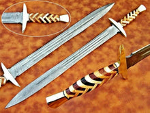 Load image into Gallery viewer, HS-1091 | Custom Handmade Damascus Steel Sword | Brass &amp; Wood Handle | With Leather Sheath

