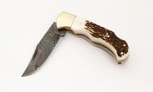 Load image into Gallery viewer, Custom Handmade Damascus Steel Back-Lock Pocket | Folding Knife | Leather Sheath-STAG HORN  Handle
