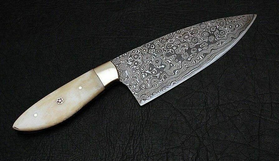 HS-455  Custom Handmade Damascus Kitchen/Chef Knife - Camel Bone Handle - Best Price