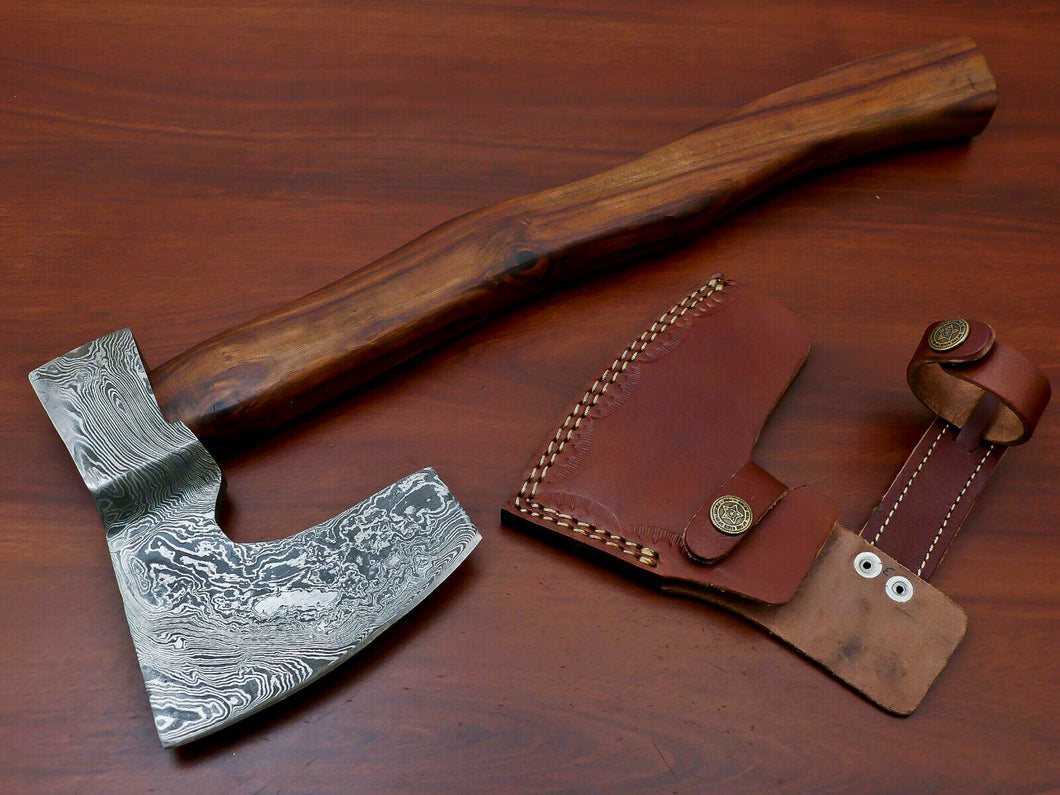 HS-1067 | Custom Handmade Damascus Hand Forged Tomahawk knife, Hatchet, Axe, Integral With Natural Wood