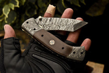 Load image into Gallery viewer, Custom Handmade Damascus Folding Knife With  Brown Micarta Handle
