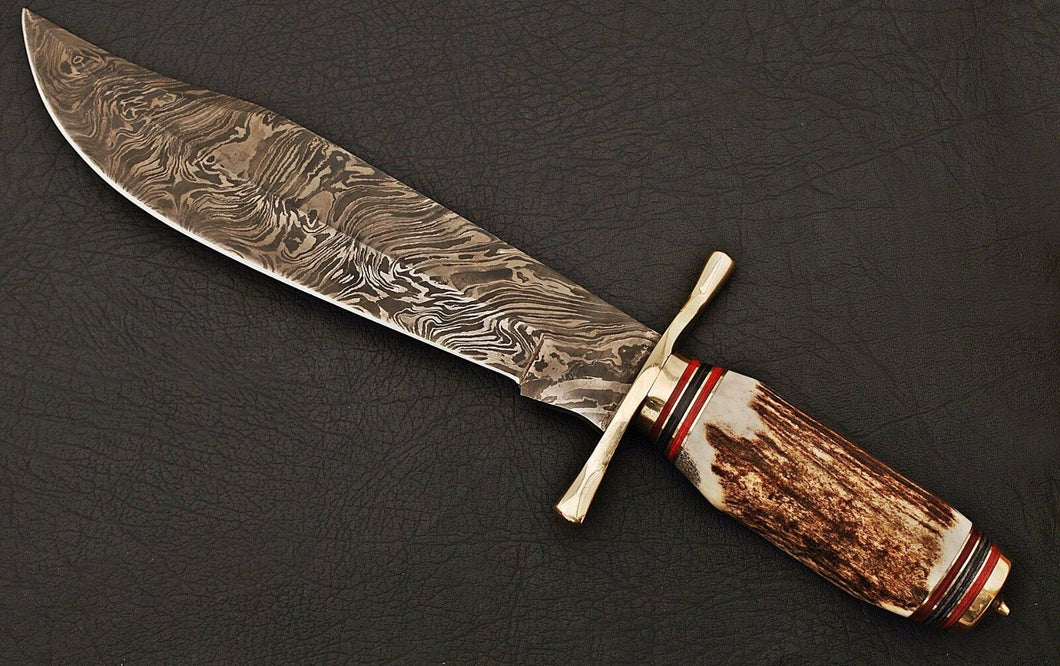 HS-344 | Custom Handmade Damascus Hunting/Bowie Knife With Stag Horn Handle