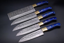 Load image into Gallery viewer, HS-200 Custom Handmade Damascus KItchen-Chef Knives Set Lot Of Five Pecs With Blue Wood Handle
