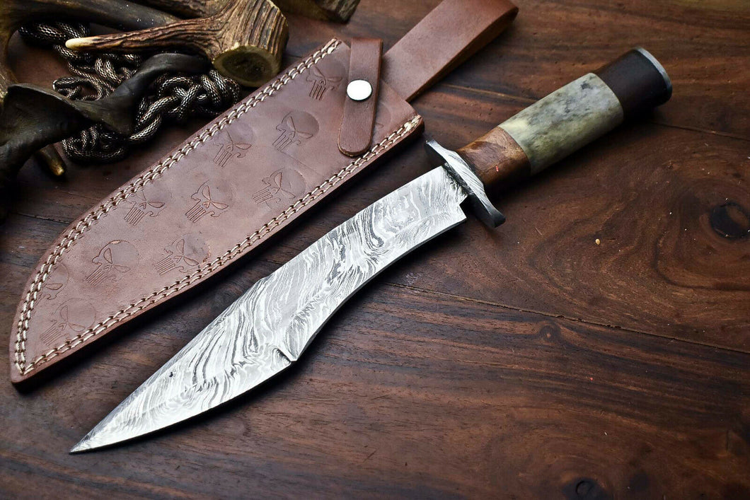 HS-326 | Custom Handmade Damascus Steel Bowie/Hunting Knife - Camel Bone Handle