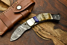 Load image into Gallery viewer, Custom Handmade Damascus Steel Blade Liner-Lock Pocket Folding Knife| Ram Horn
