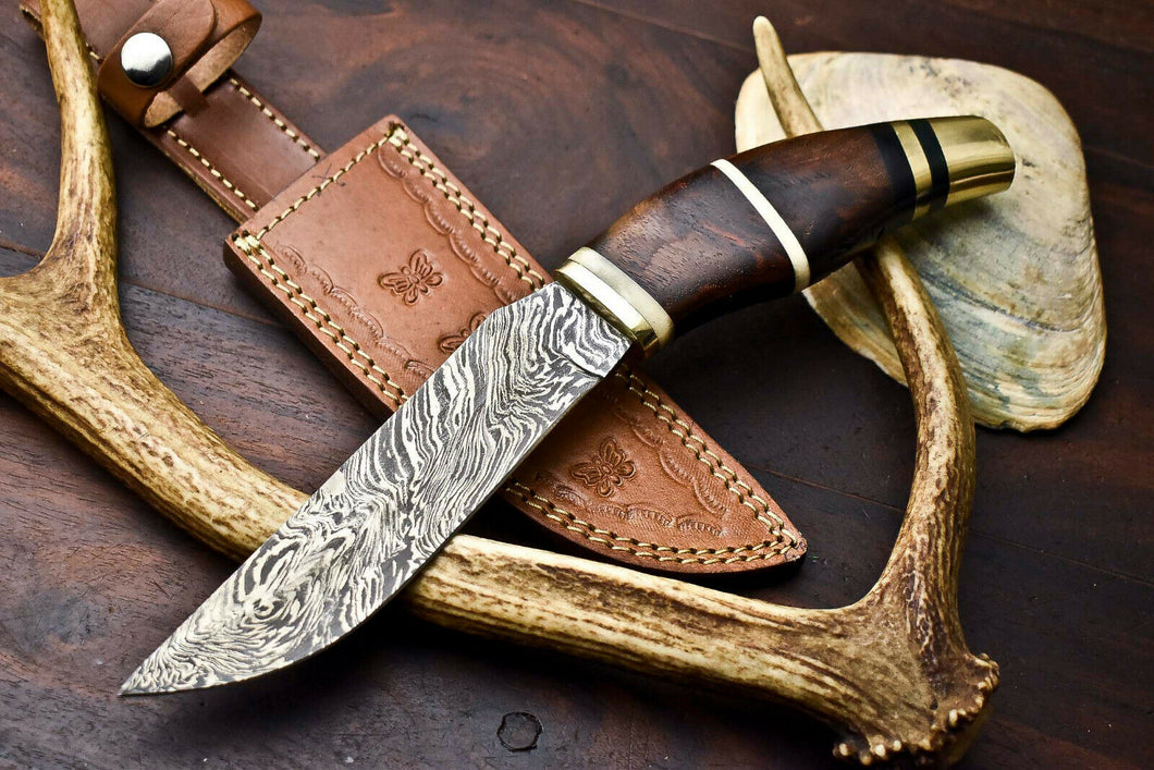 HS-328 | Custom Handmade Damascus Steel Hunitng/Bowie Knife - Wood + Brass Handle