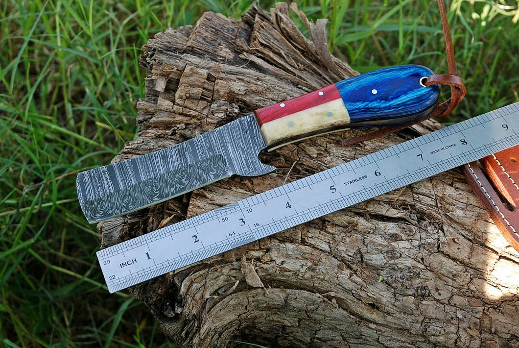 HS-1011 | Custom Handmade Damascus Cowboy Bull Cutter Knife With Beautiful Wood & Bone Handle