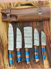 Load image into Gallery viewer, HS-136 &#39;&#39; Custom Handmade Damascus Kitchen Chef knife set, with Sheath, blue Wood Handle
