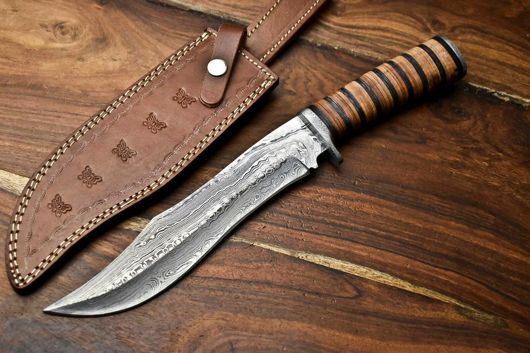 HS-316 Custom Hand Made Damascus Steel Blade Bowie Hunting Knife | LEATHER