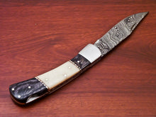 Load image into Gallery viewer, Custom Handmade Damascus Steel Back-Lock Pocket | Folding Knife | Leather Sheath-Hard Wood And Bone Handle
