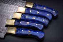 Load image into Gallery viewer, HS-200 Custom Handmade Damascus KItchen-Chef Knives Set Lot Of Five Pecs With Blue Wood Handle
