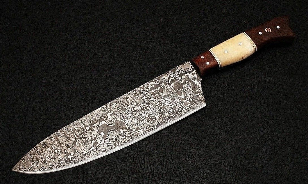 HS-288  Custom Handmade Damascus Kitchen/Chef Knife - Bone+Wood Handle - Best Price