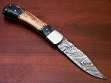 Load image into Gallery viewer, Custom Handmade Damascus Steel Back-Lock Pocket | Folding Knife | Leather Sheath - Camel Bone Handle
