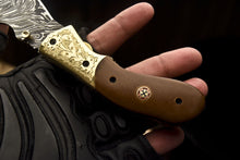 Load image into Gallery viewer, Custom Handmade Damascus Folding/Pocket Engraved Knife With Brown Micarta Handle
