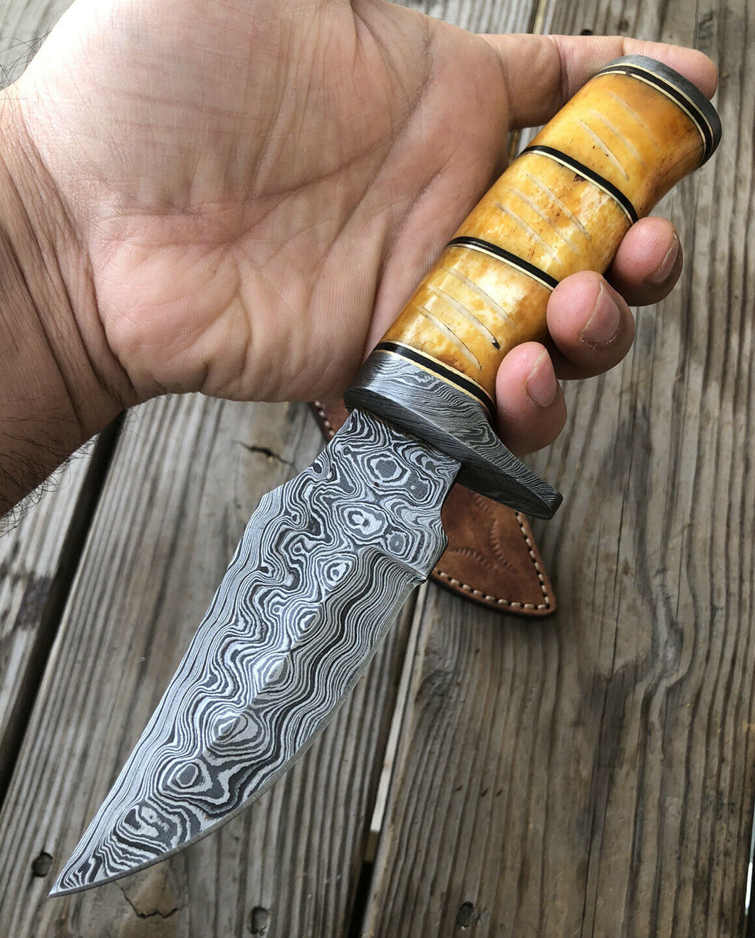 HS-461 Custom Handmade High Carbon Damascus Steel Hunting Camping Best Knife - Awesome Colour Camel Bone Handle