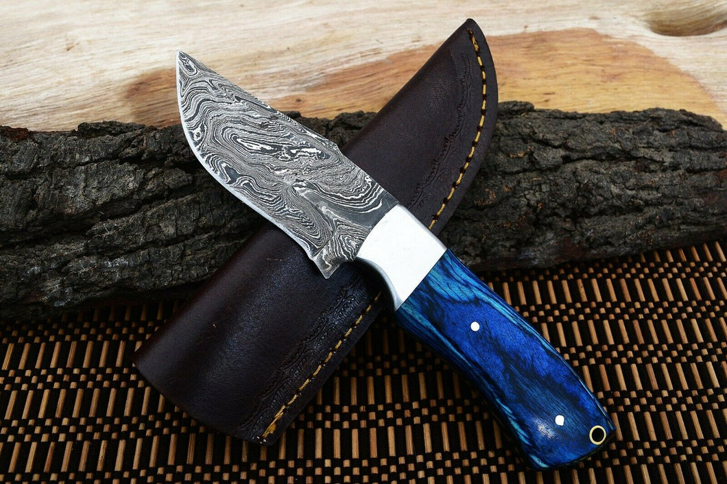 HS-798 Custom Handmade Damascus Skinner Knife With Awesome Blue Hard Wood Handle