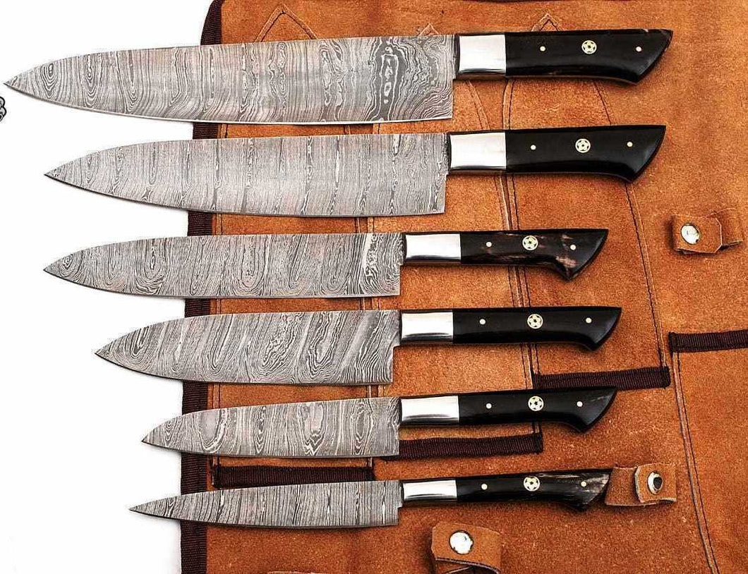 HS-184 Custom Handmade Damascus Kitchen Knife Set With Buffalo Horn Handle