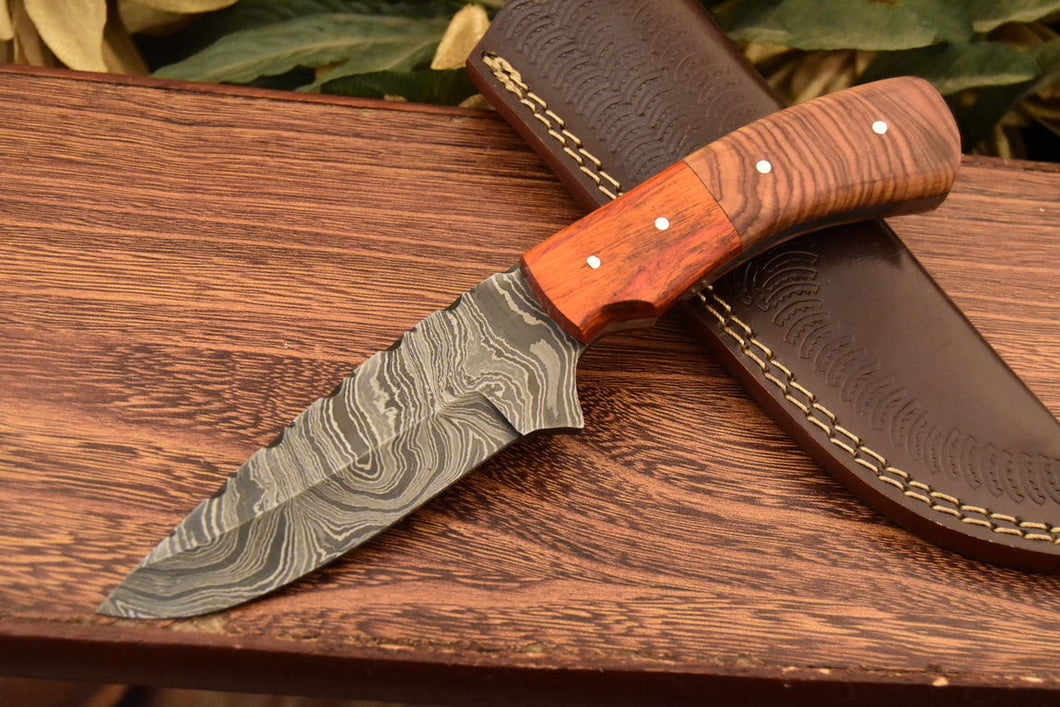 HS-834 Custom Handmade Damascus Skinner Knife With Hard Wood & Olive Wood Handle