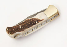 Load image into Gallery viewer, Custom Handmade Damascus Steel Back-Lock Pocket | Folding Knife | Leather Sheath-STAG HORN  Handle
