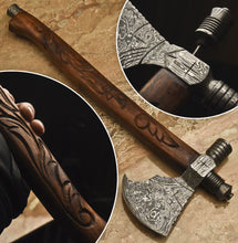 Load image into Gallery viewer, HS-1082 | Custom Handmade Damascus Smoking Tomahawk knife, Hatchet, Axe,Integral Natural Wood
