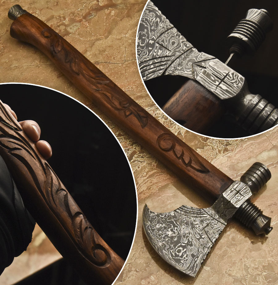 HS-1082 | Custom Handmade Damascus Smoking Tomahawk knife, Hatchet, Axe,Integral Natural Wood