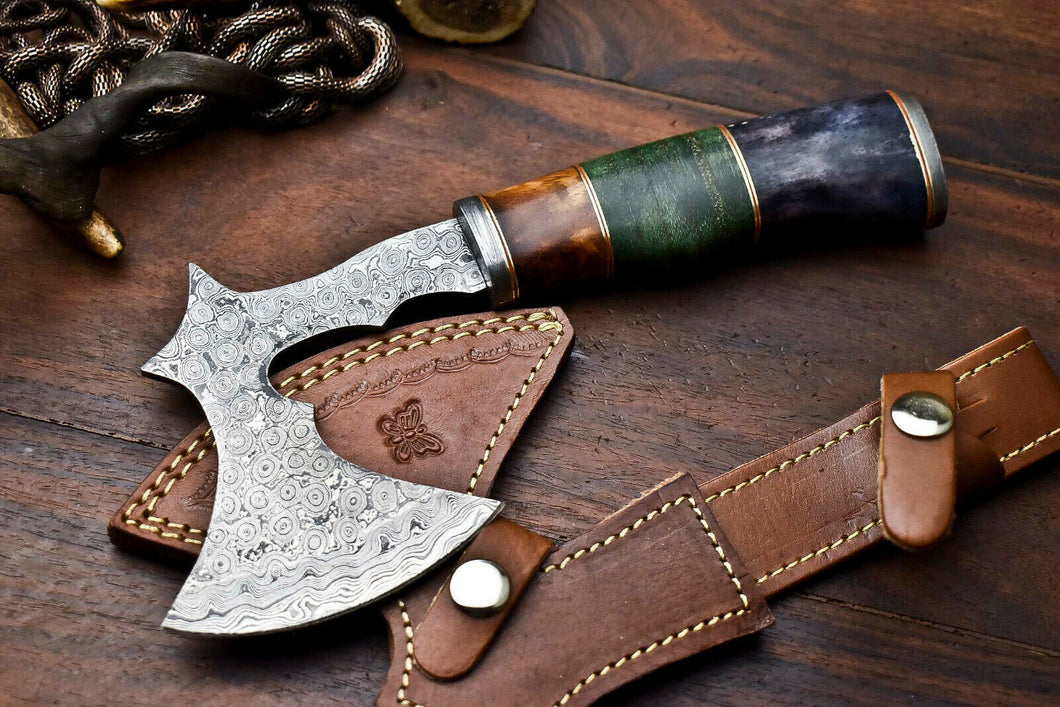 HS-1056 | Custom Hand Made Damascus Blade Hunting Hatchet Mini Viking Axe | Camel Bone & Wood