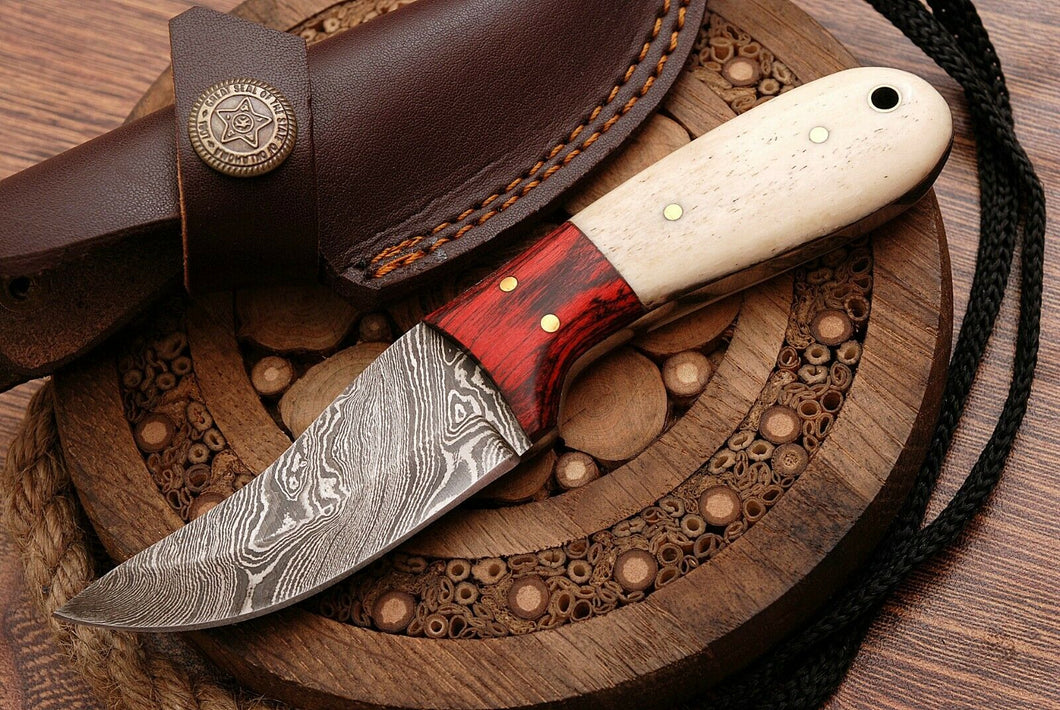 HS-758 Custom Handmade Damascus Steel Skinner Knife 6.0 inch Overall And Camel Bone+Hard Wood Handle