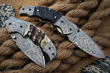 Load image into Gallery viewer, Custom Handmade Damascus Folding-Pocket Knife With Ram Horn Handle
