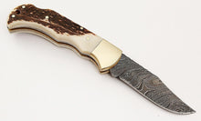 Load image into Gallery viewer, Custom Handmade Damascus Steel Back-Lock Pocket | Folding Knife | Leather Sheath-STAG HORN  Handle
