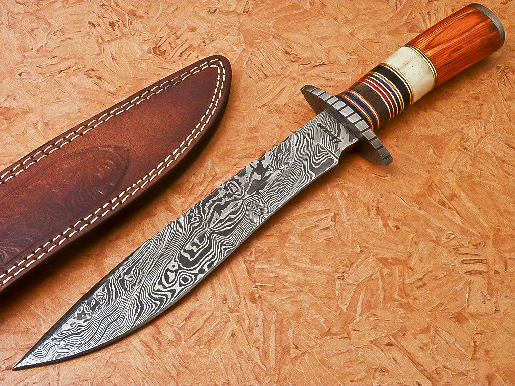 HS-349 | Custom Handmade Damascus Hunting /Bowie Knife With Hard Wood & Bone Handle