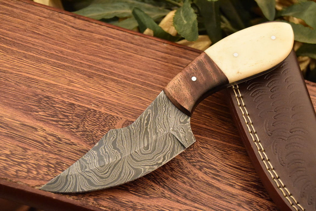 HS-833 Custom Handmade Damascus Skinner Knife With Natural Wood & Stained Bone Handle