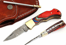 Load image into Gallery viewer, Custom Handmade Damascus Steel Back-Lock Pocket | Folding Knife | Leather Sheath-Hard Wood Handle
