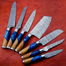 Load image into Gallery viewer, Hs-137 Unique Epoxy and Wooden Handle 7Pc&#39;s Chef Set of Custom Handmade Damascus Steel
