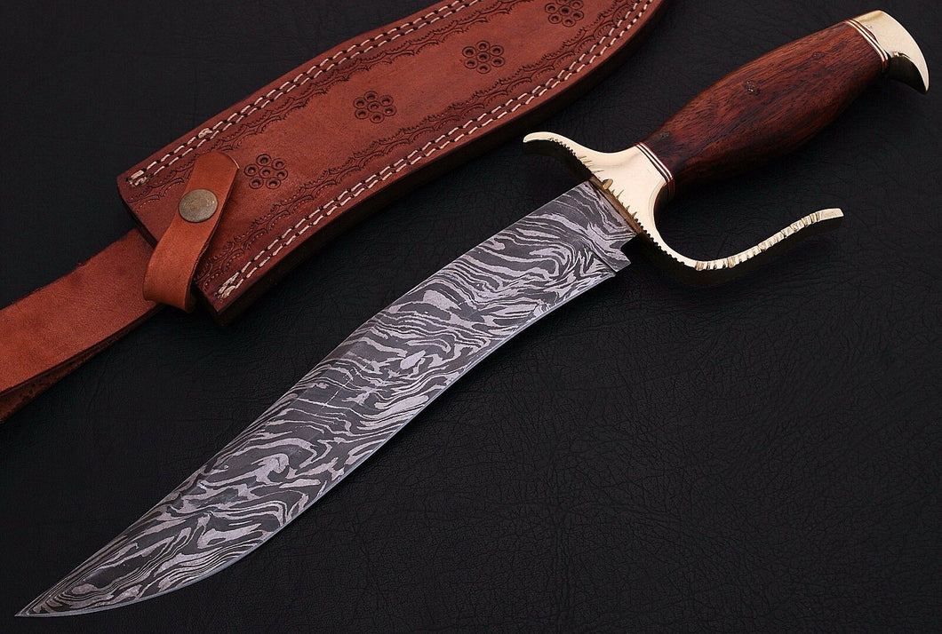 HS-343 | Custom Handmade Damascus Bowie Knife With Wood Handle