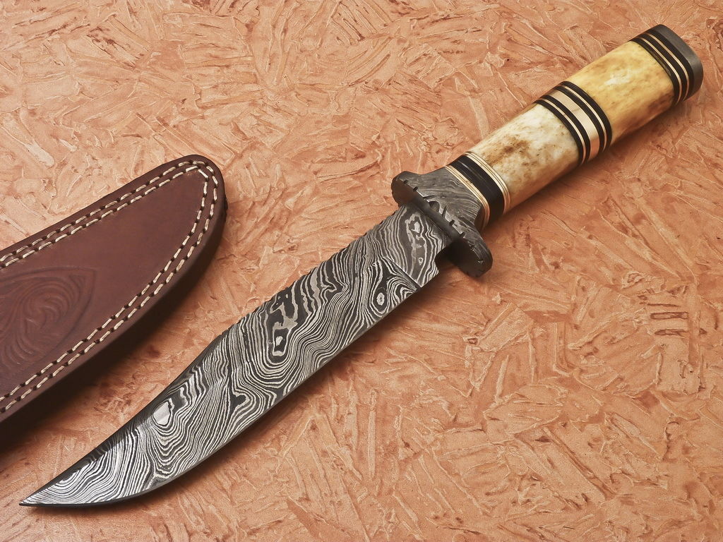 HS-348 | Custom Handmade Damascus Hunting /Bowie Knife With Bone Handle