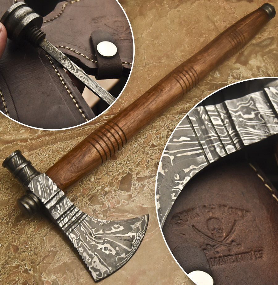 HS-1084 | Custom Handmade Damascus Tomahawk knife, Hatchet, Axe,Integral Natural Wood