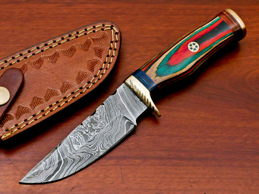 HS-508 Custom Handmade Damascus Hunting/Skinner Knife With Three Shade Colour Hard Wood Handle