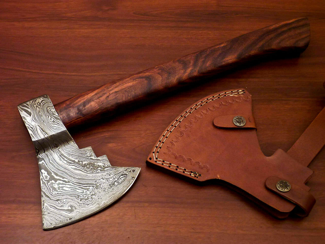 HS-1064 | Custom Handmade Damascus Hand Forged Tomahawk knife, Hatchet, Axe, Integral Natural Wood