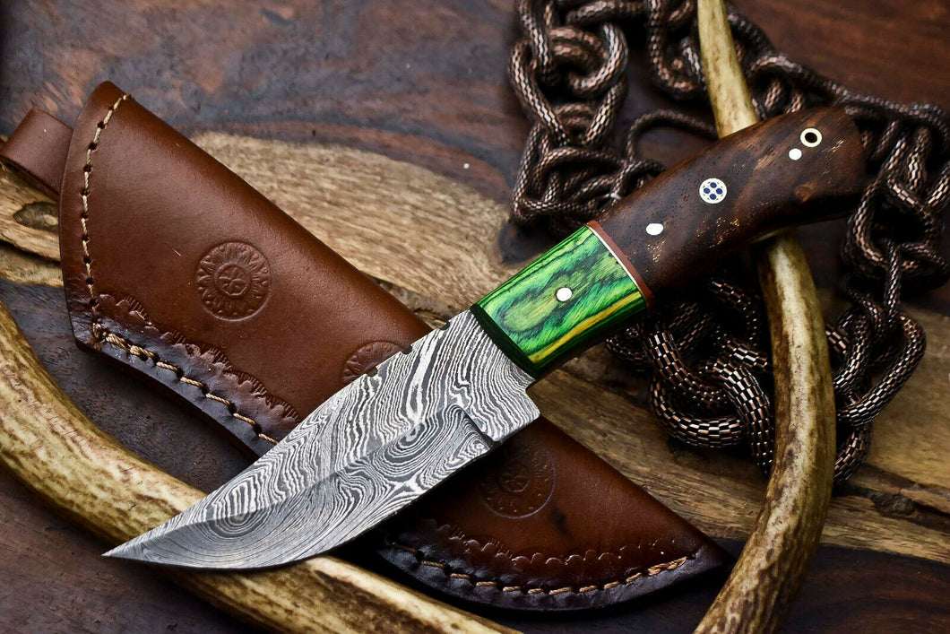 HS-673 Custom Handmade Damascus Steel Skinner Knife - Beautiful Hard Wood Handle