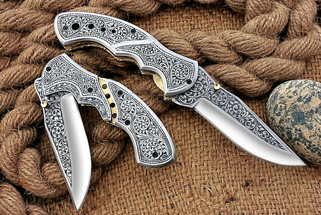 HS Cutlery | Custom Made Hand Engraved Folding-Pocket Knife Life Time Used With Very Good Price