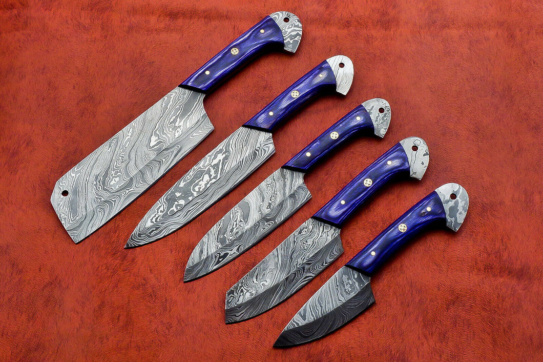 HS-144 Custom Handmade Damascus Steel 5 Piece Chef Set with Blue Wood Handle