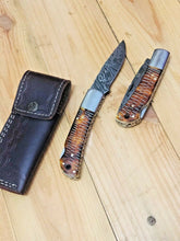 Load image into Gallery viewer, Custom Handmade Damascus Steel Back-Lock Pocket | Folding Knife | Leather Sheath- Buffalo Horn Handle
